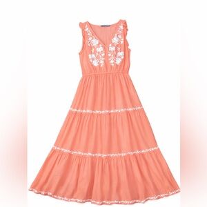 Lucky Brand Coral Embroidered Maxi Dress M Boho Cotton Lined Cottagecore